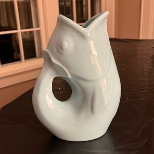 Original Gurgle Pot 9 1/2” Tall Fish Pitcher Light Blue/Turquoise Stoneware NWOT